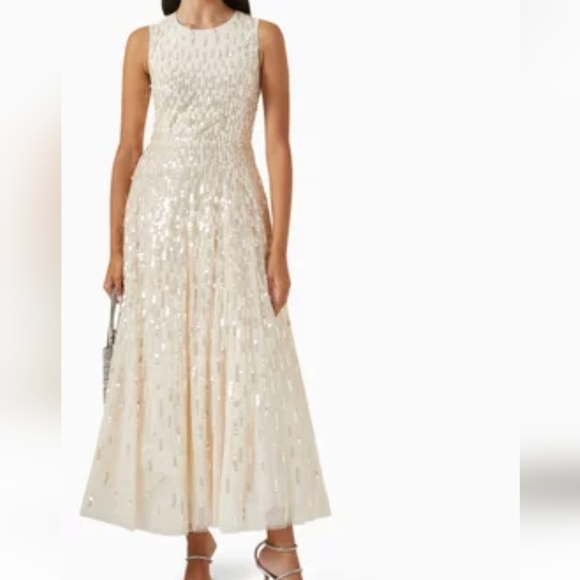 NEEDLE AND THREAD Women's 16 Beige Sequin Dash Cape Ankle Gown Tulle Dress New. - Picture 3 of 11